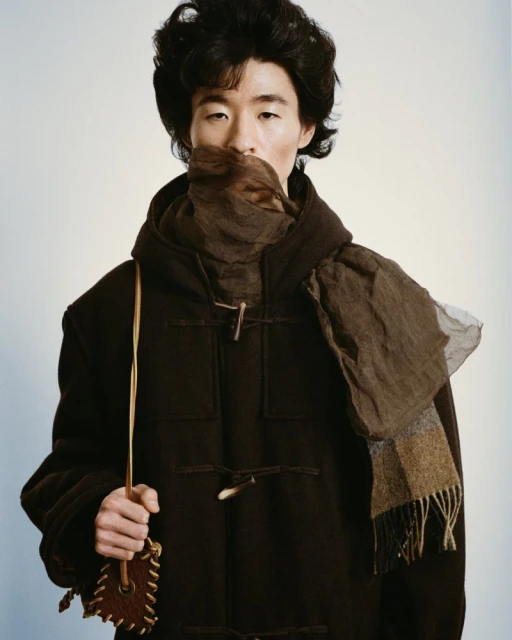 Portrait of an adult male model wearing a dark brown hooded coat, tan scarf, and carrying a small brown pouch against a neutral backdrop.