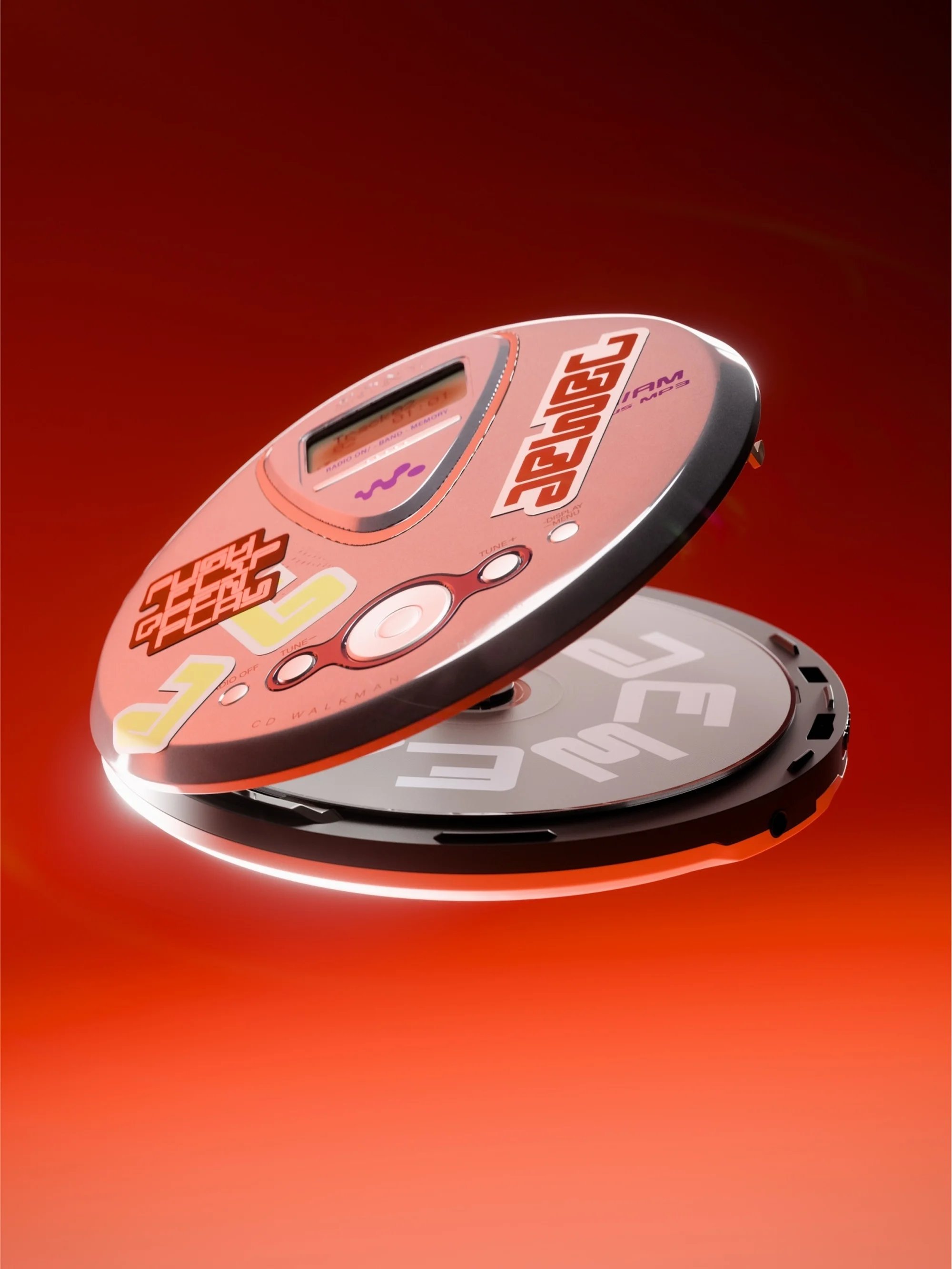 Isolated shot of an open portable CD player with stickers on a red gradient background. The CD and text are visible.