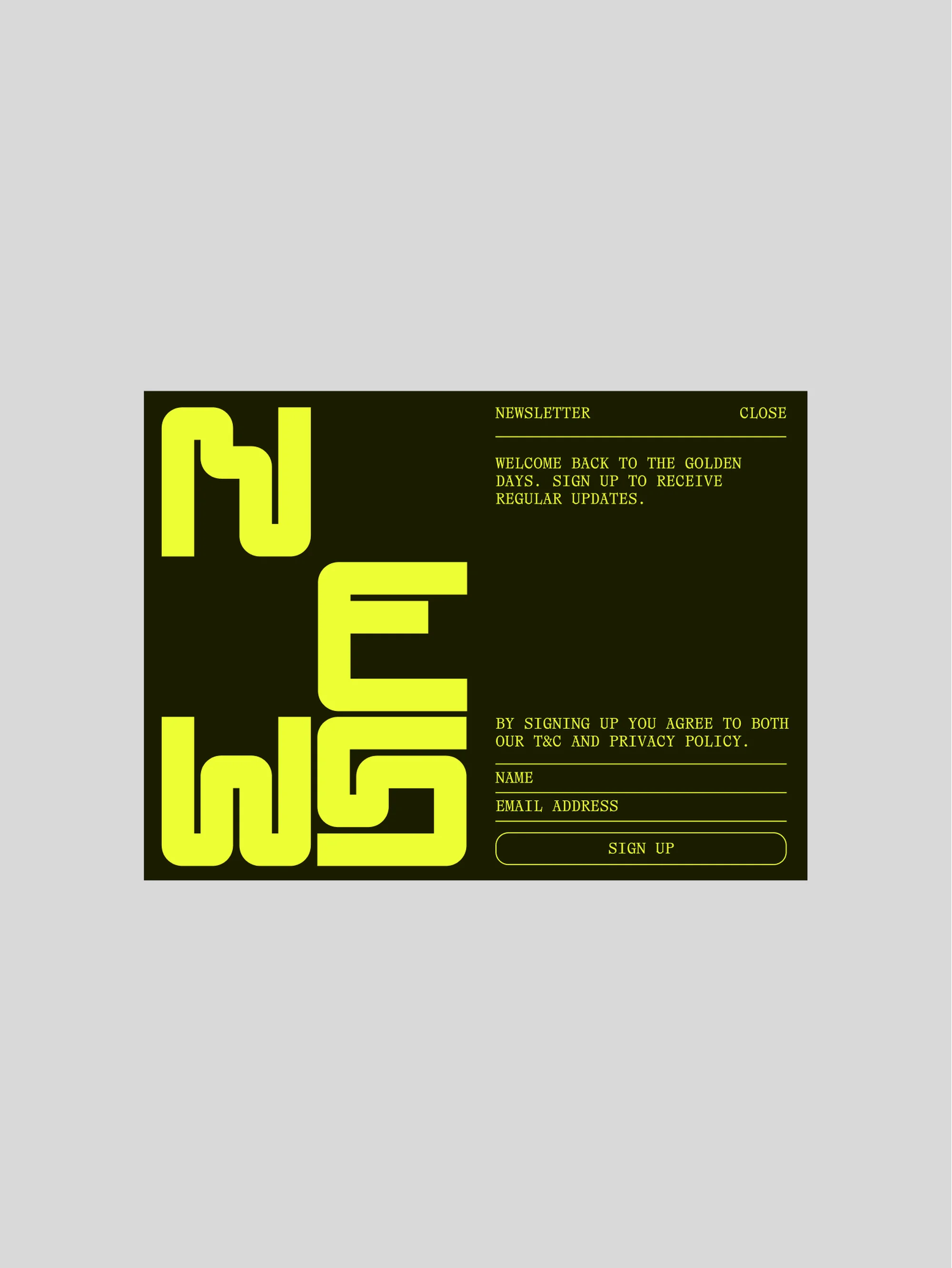Digital art with large yellow text on a dark olive background, an email form, and newsletter promotional messaging. Minimalist aesthetic.