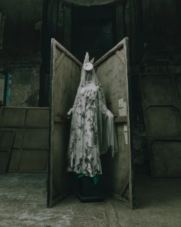 A veiled mannequin in a floral dress stands between wooden panels in a dim, dilapidated interior space, creating an eerie, artistic scene.