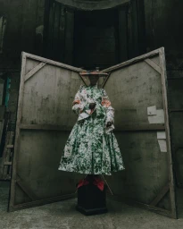Model standing in front of large wooden art panels wearing a green and white floral print dress and matching hat for Erdem.