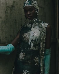 Model wearing a dark floral dress with matching headpiece and light blue gloves against a textured wall