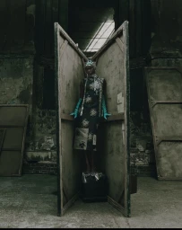 Model standing inside wooden folding screens wearing an embroidered dress and long teal gloves