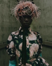 Model wearing a pink feathered headpiece and floral print dress with a dark velvet bow for Erdem