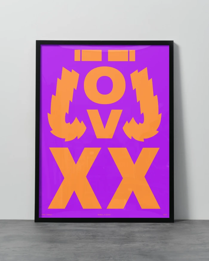Framed purple and orange graphic poster centered on a grey wall above a grey floor.