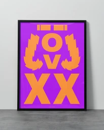 Framed purple and orange graphic poster centered on a grey wall above a grey floor.