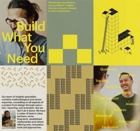 Collage of marketing concepts with infographics, text, and male models featuring graphs, charts, data points, and strategic concepts.