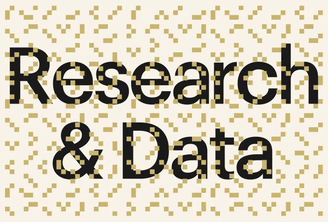 Abstract typography graphic with large, blocky sans-serif letters spelling out "Research & Data" against a patterned background.