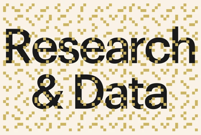 Graphic design typography displaying Research and Data in bold black letters with pixelated gold blocks against a cream background.