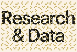 Graphic design typography displaying Research and Data in bold black letters with pixelated gold blocks against a cream background.