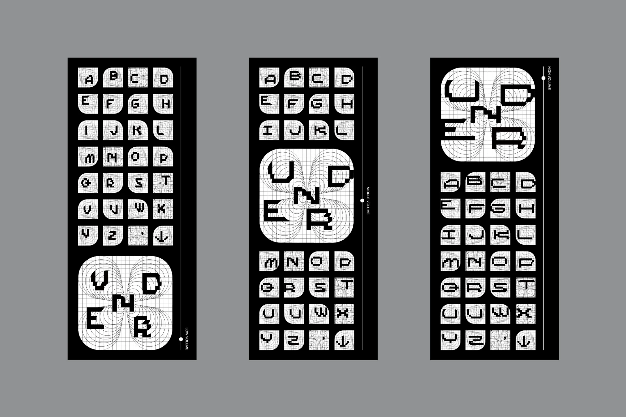 Typographic design featuring the alphabet and abstract forms on a black background with grid patterns and 'UNDER' text.
