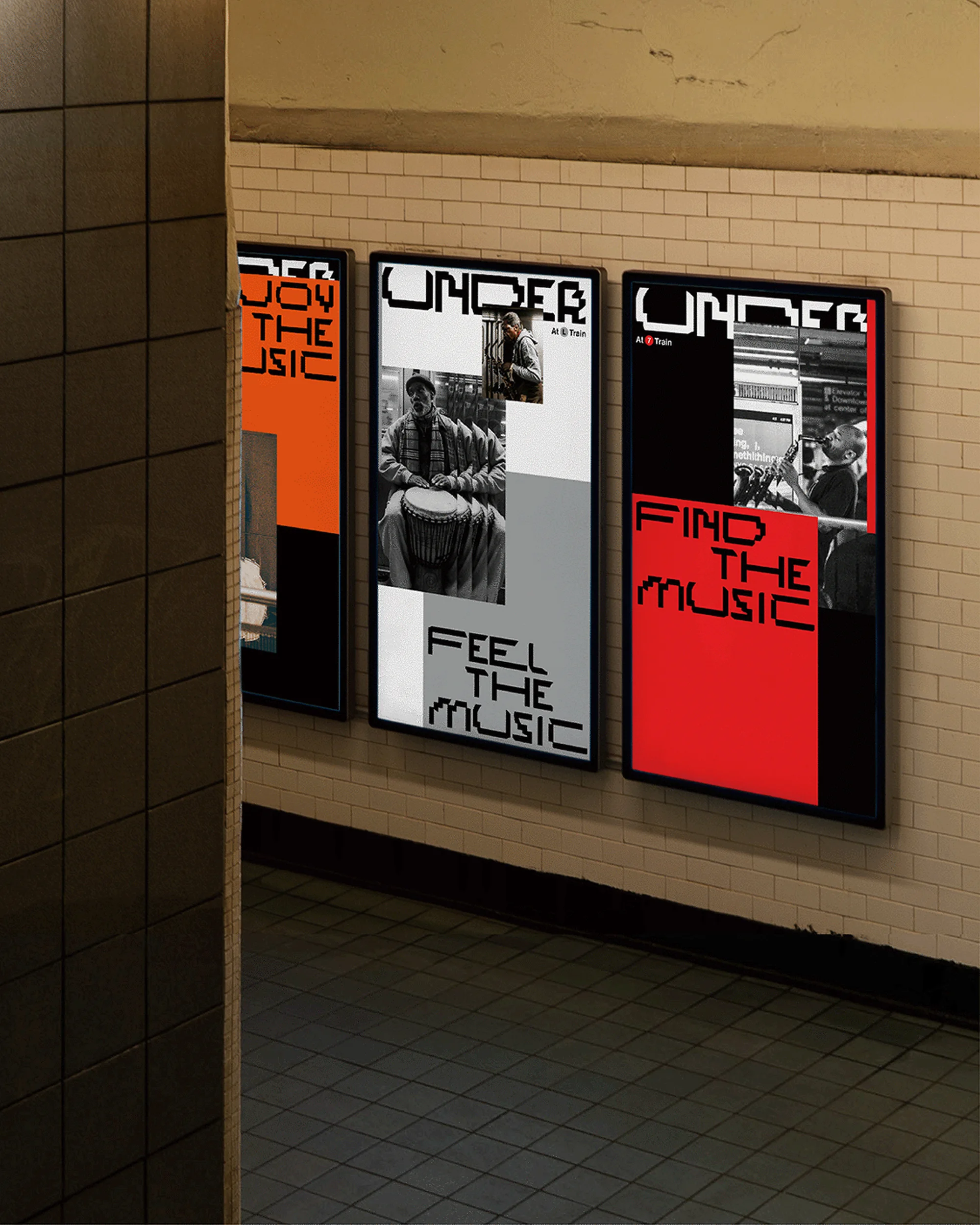 Three music posters on a subway wall advertise "Under the Music" with typography and photo collage in shades of orange, black, white, and grey.