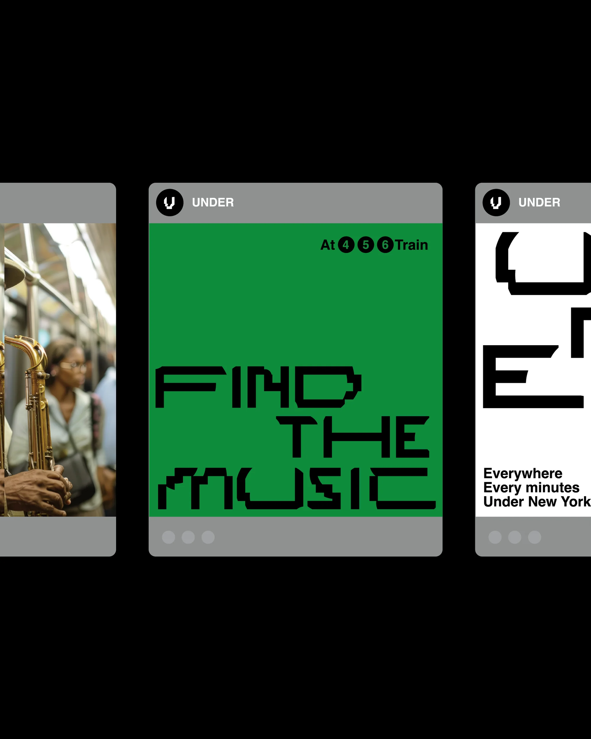 Promotional art featuring a musician playing saxophone on a subway train, alongside graphic art of subway advertisement for music.