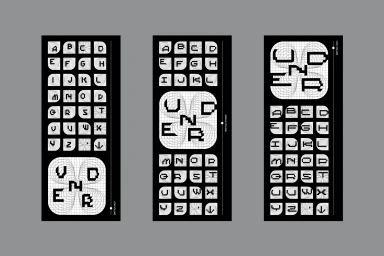 Three vertical black panels display pixelated white typography, grid layouts, and geometric wireframe graphics for Under brand identity.