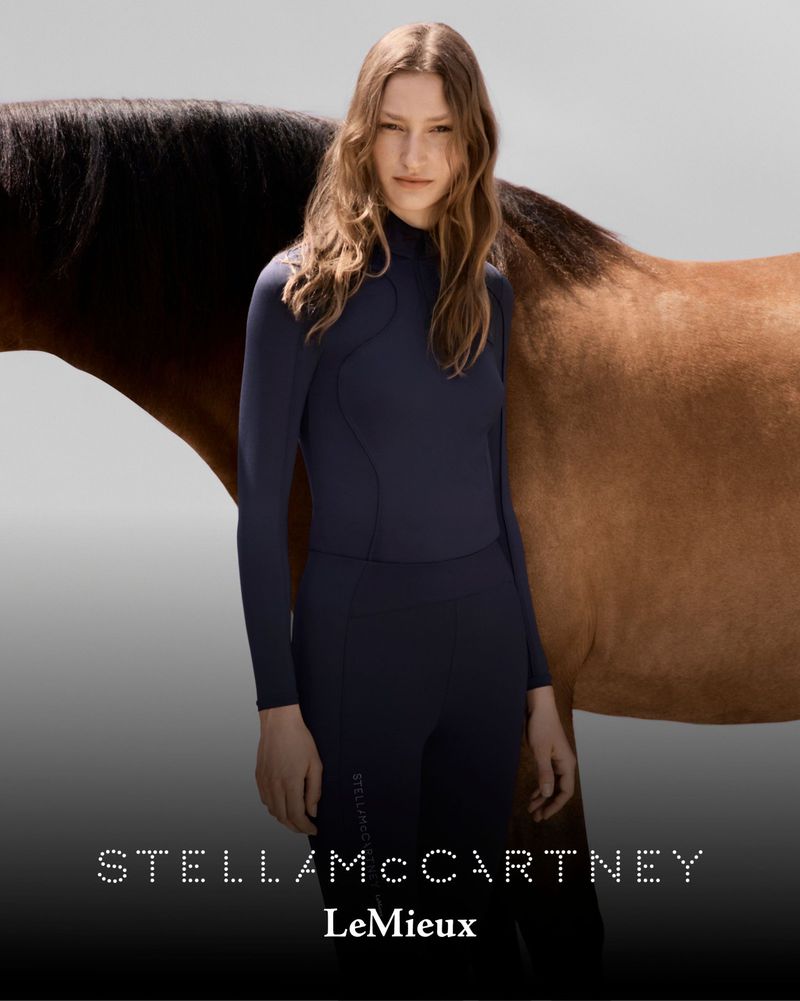 A female model poses in riding apparel beside a brown horse, set against a light background, showcasing Stella McCartney and LeMieux brands.