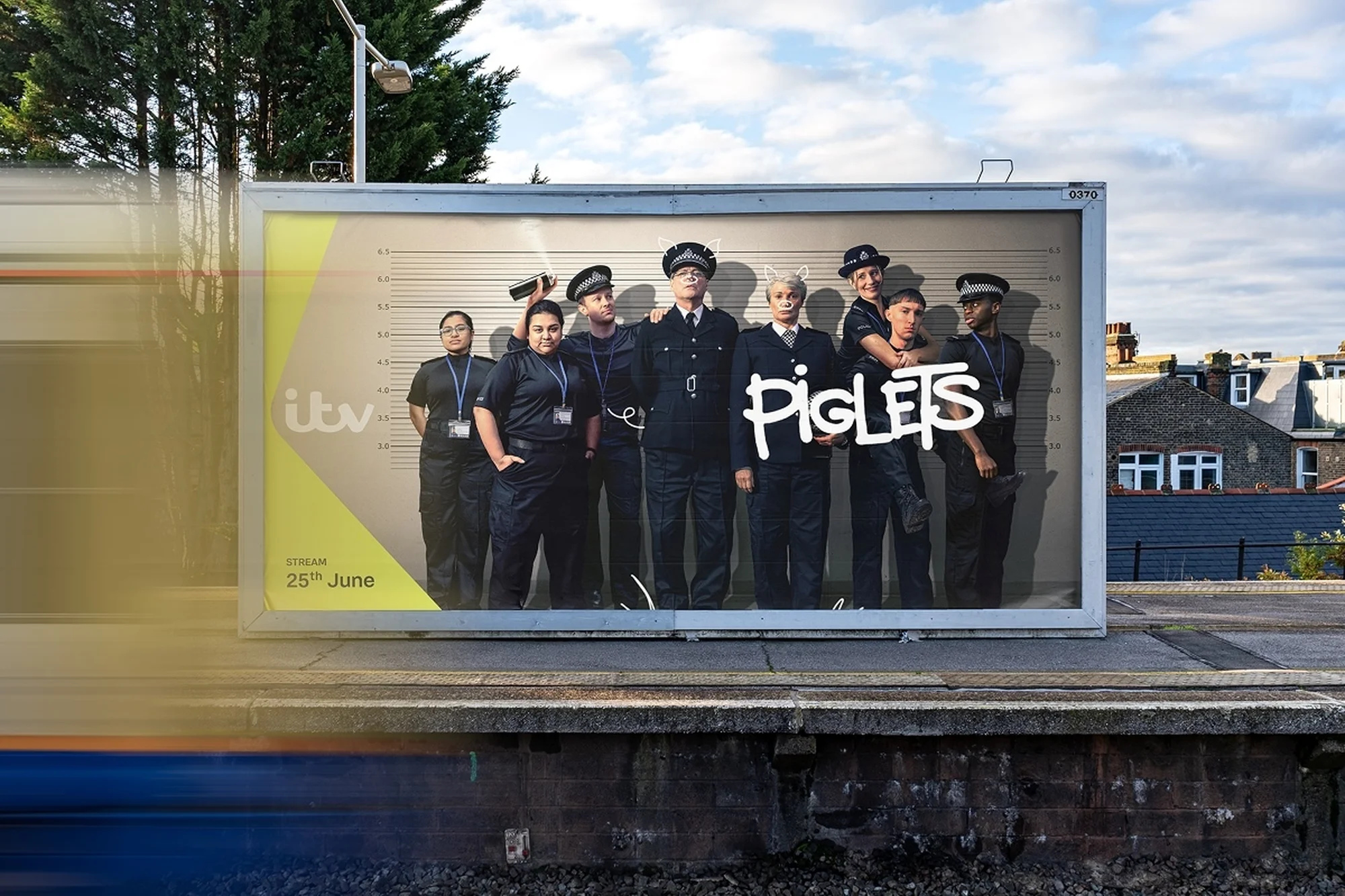 Outdoor billboard advertisement featuring a group of diverse individuals dressed as police officers for an ITV program called Piglets.