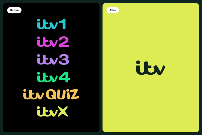Split screen showing ITV logos before and after rebranding, featuring a yellow-green background on one side and multicolored text on the other.