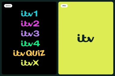 Split comparison showing ITV channel logos before redesign on a black background and the new ITV logo on bright green.