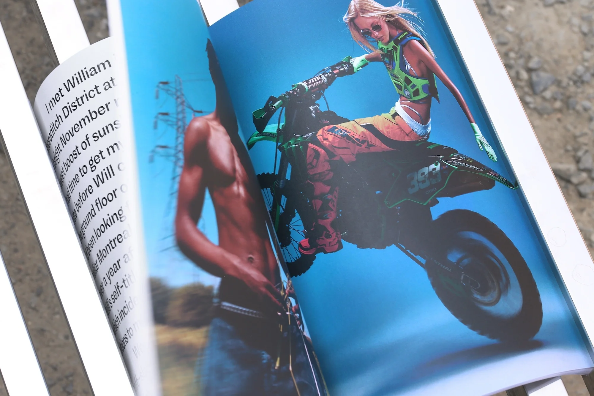 Magazine spread featuring a blonde woman riding a green motocross bike against a bright blue sky next to a shirtless man.