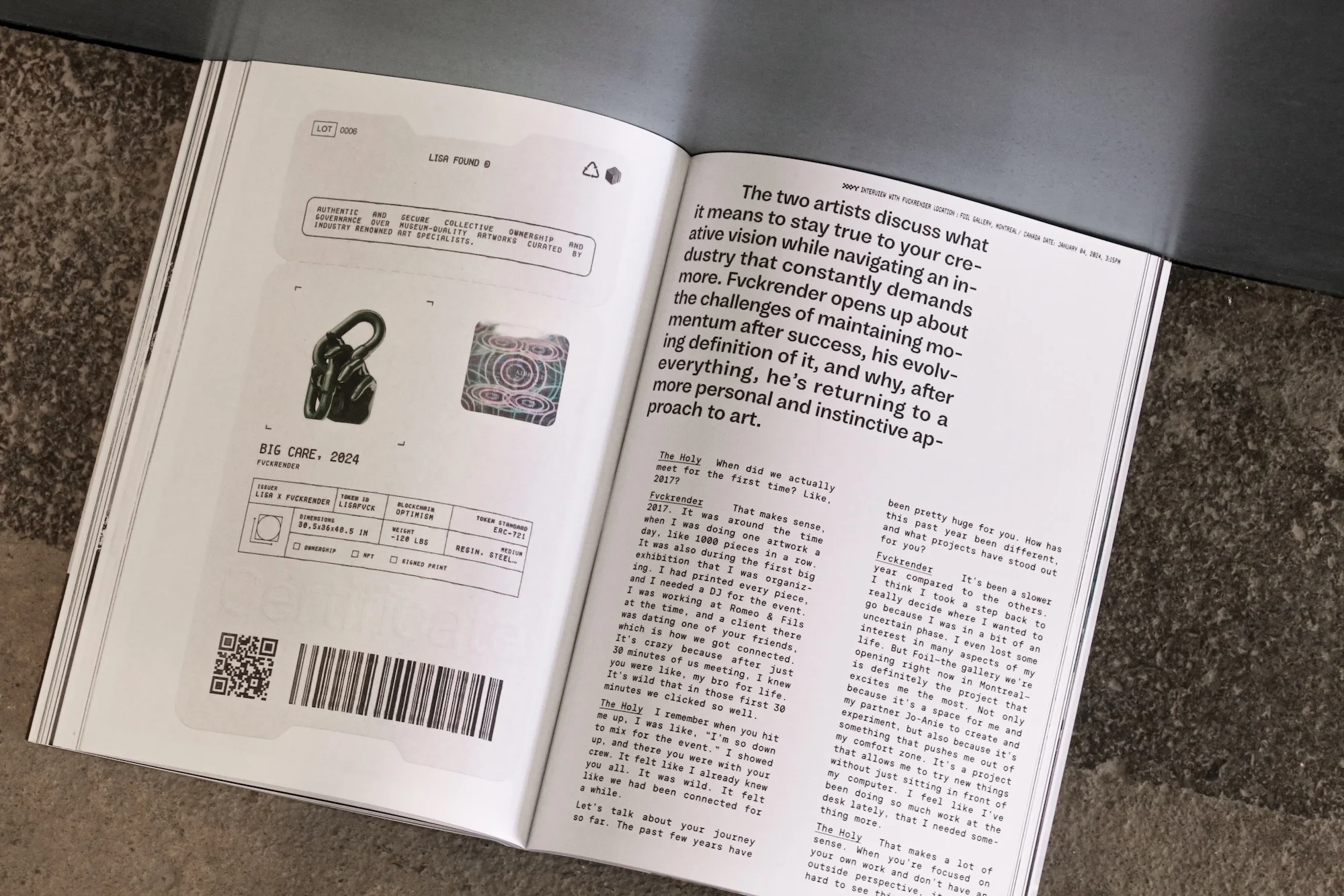 Open magazine spread with article about two artists, featuring an abstract design and text on facing pages in a minimalist style.