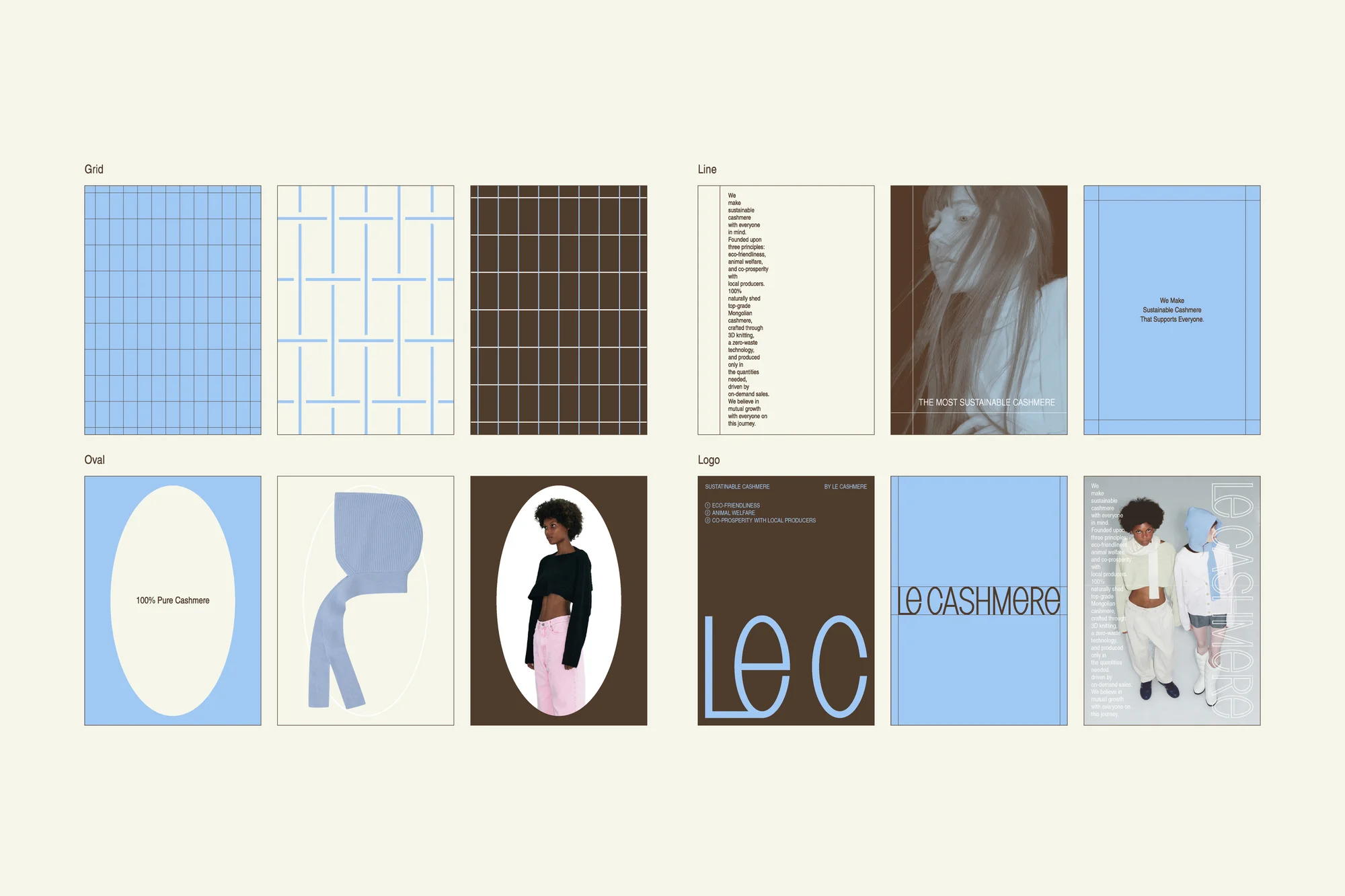 Collection of design layouts for Le Cashmere brand guide featuring grid patterns, design templates, typography, and models.
