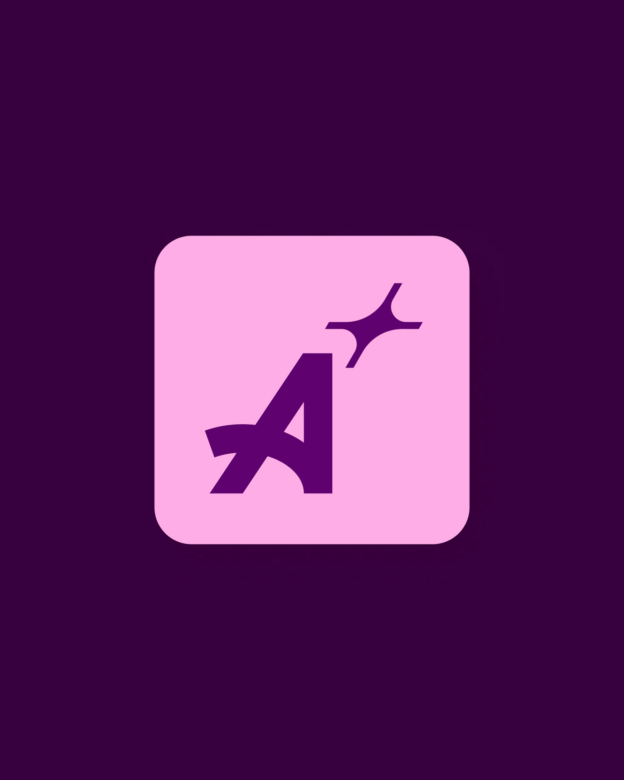 Stylized 'A' logo in purple on a pink rounded square against a deep purple background. Corporate branding, app icon, abstract design.