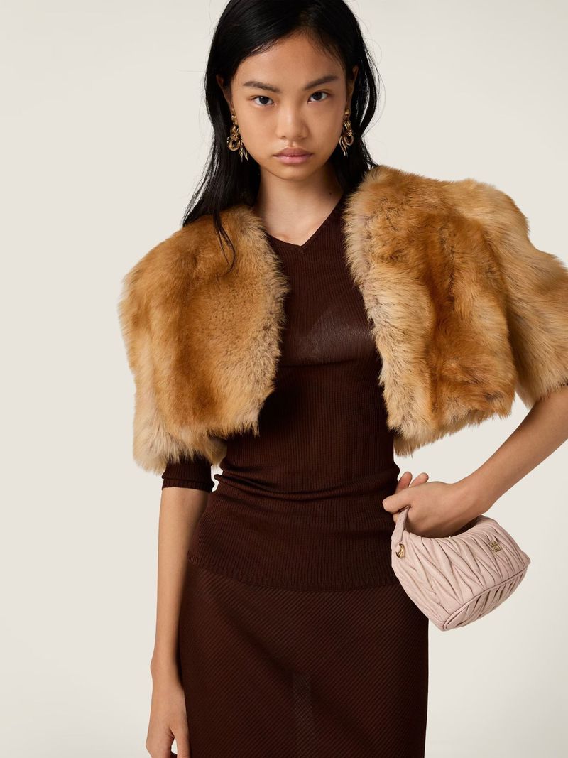 Portrait of a woman wearing a brown dress and fur stole, holding a small pink purse against a plain background in a fashion setting.