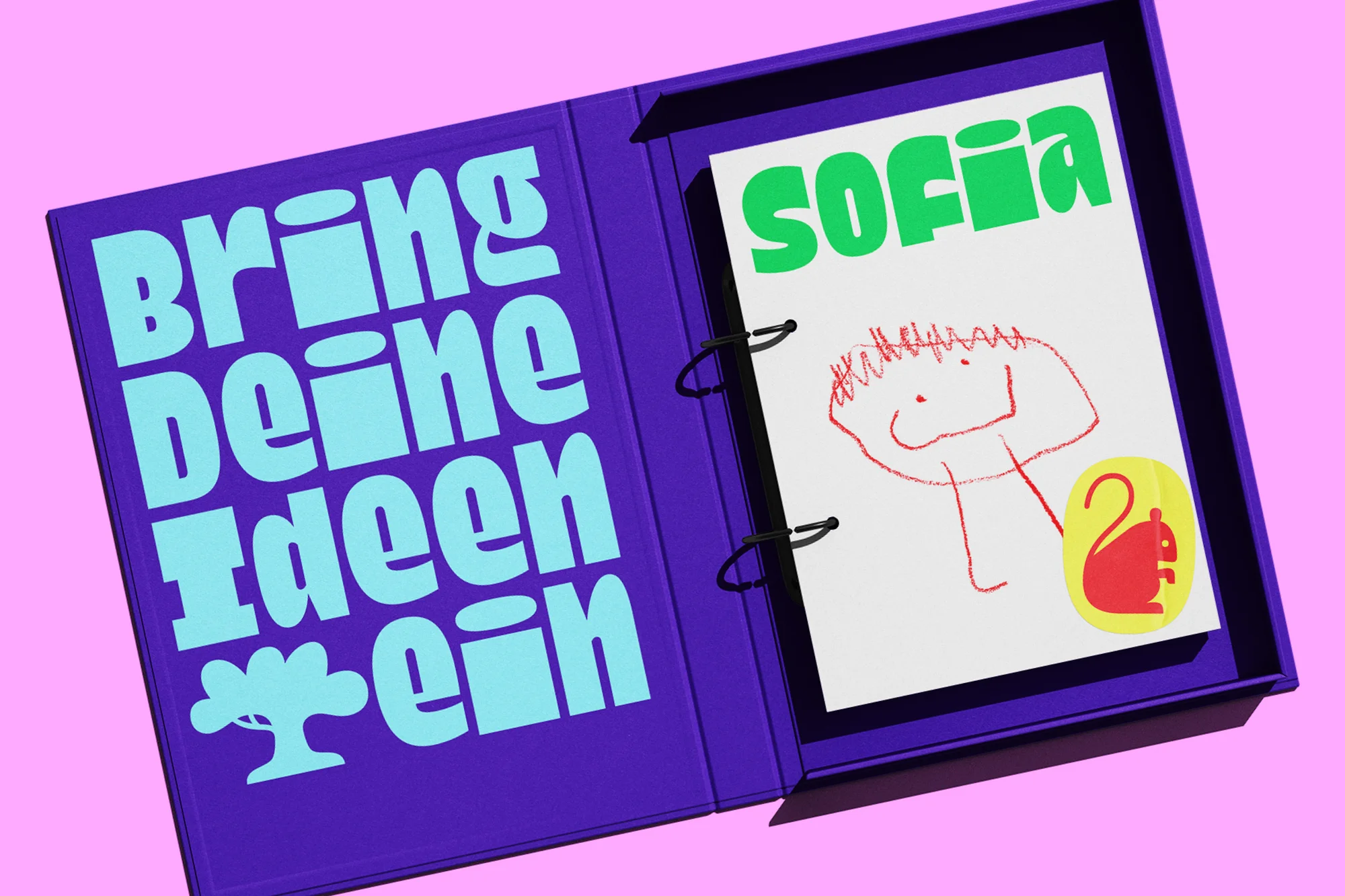 Open purple binder displays a child's red drawing of a person and a red mouse sticker on white paper next to the German text 'Bring Deine Ideen ein'.