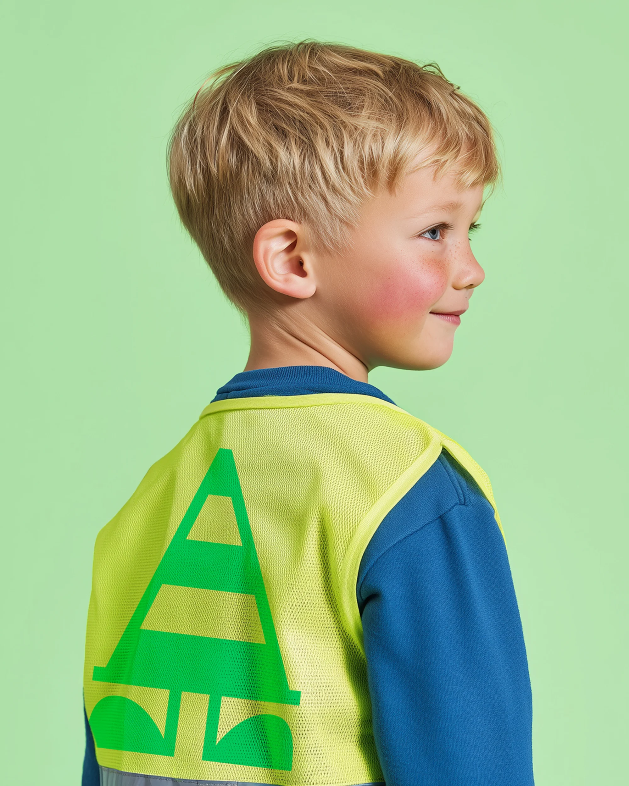 Young boy in a bright yellow safety vest with a green traffic cone design stands in a studio against a green backdrop.