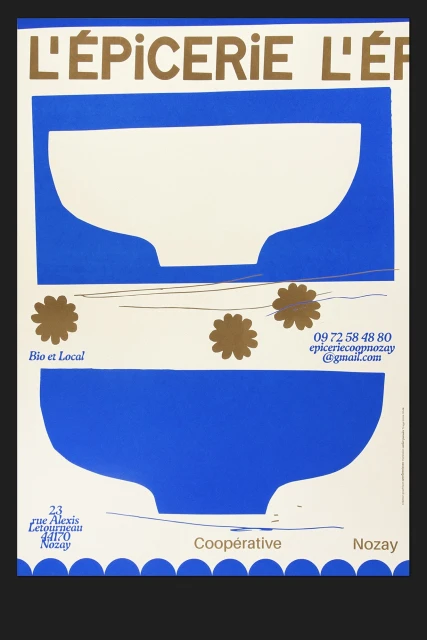 Illustration of a promotional poster for L'Épicerie L'Ér, an organic and local food store, with abstract bowl shapes and floral accents.
