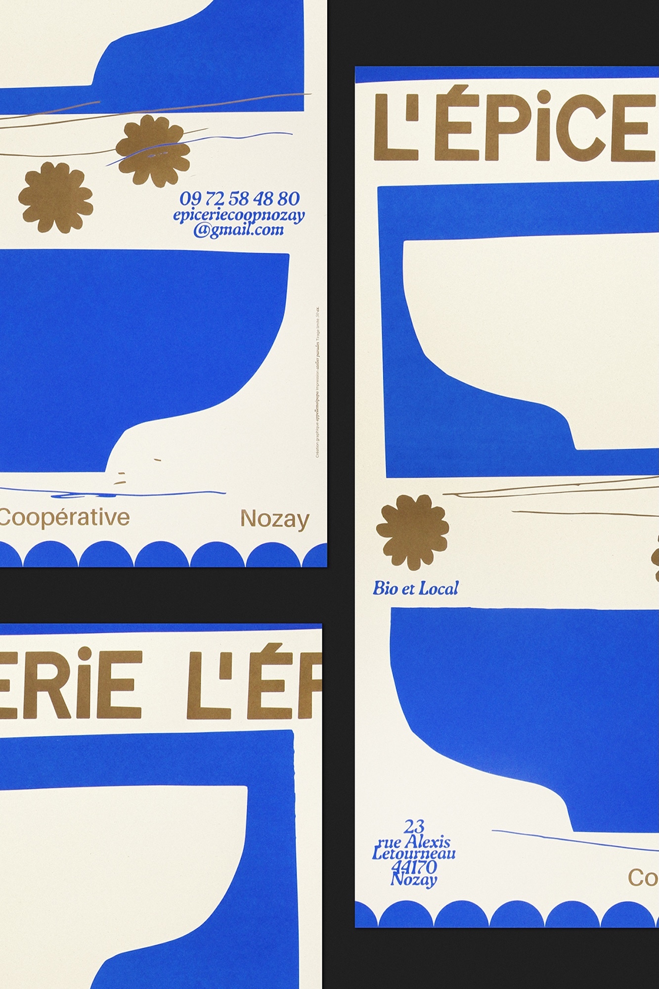 Eye-level shot of graphics in blue, white, and gold displaying the name, email, and address of the store, 'L'Épicerie Coopérative Nozay'.