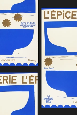 Eye-level shot of graphics in blue, white, and gold displaying the name, email, and address of the store, 'L'Épicerie Coopérative Nozay'.