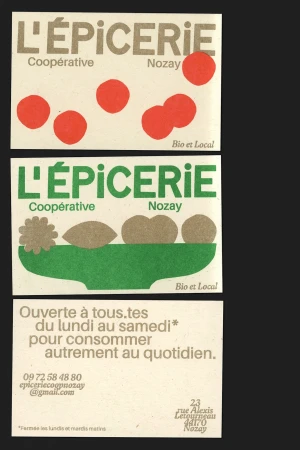 Three promotional cards for L'Épicerie Coopérative Nozay, featuring graphics with abstract fruit and opening hours information.
