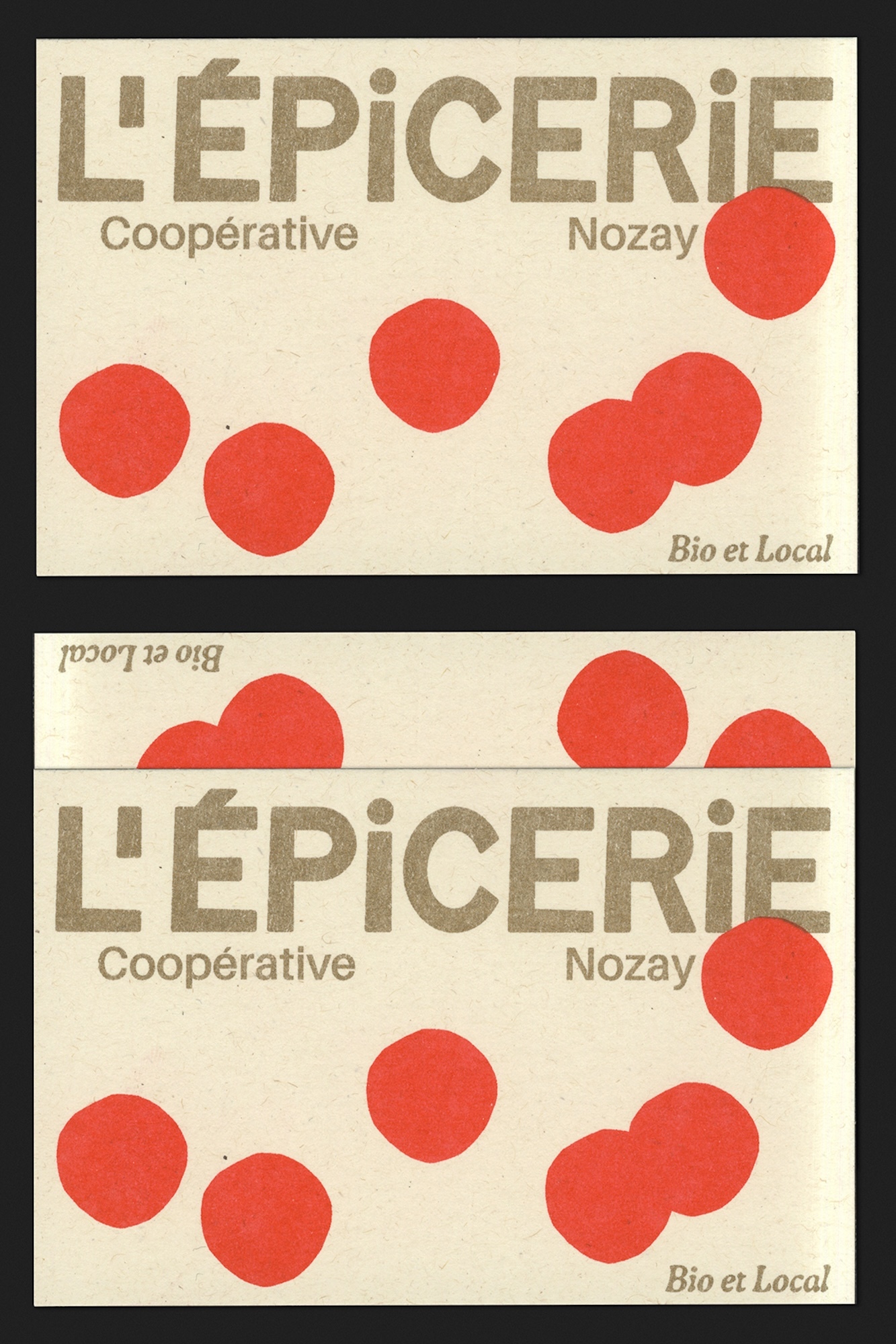 Graphic art design featuring the text “L’Épicerie” with red polka dots, ideal for branding, advertising, and visual communication projects.