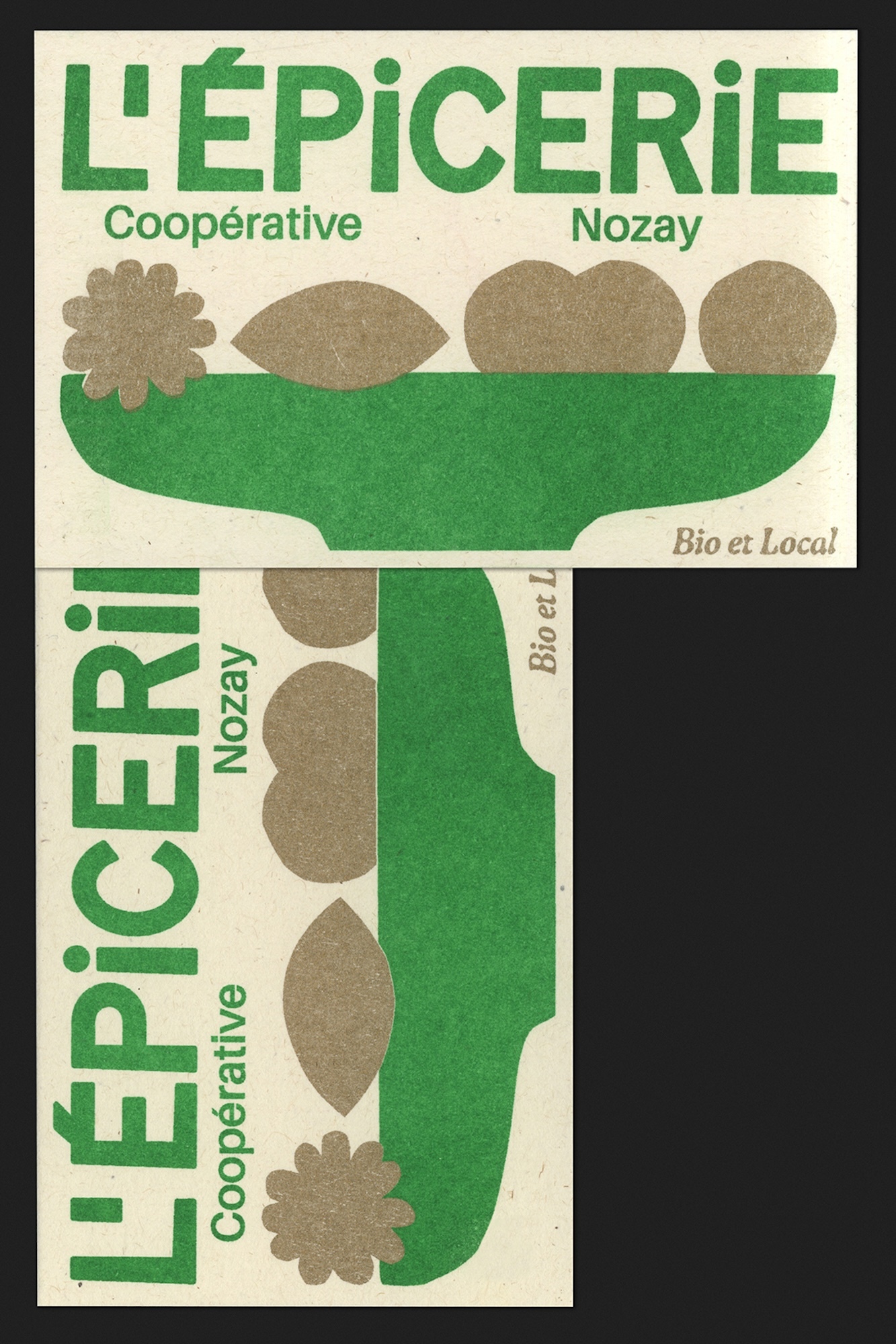 Graphic art for L'Epicerie Cooperative in Nozay features text, a green bowl, and tan produce on a textured off-white background.