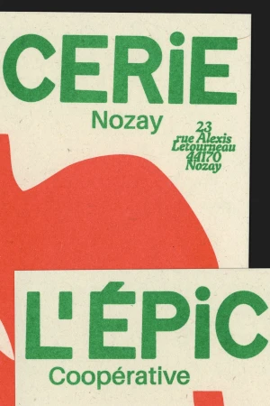 Green and red advertising sign featuring the words CERIE, L'EPIC, and address information against a cream-colored paper background.