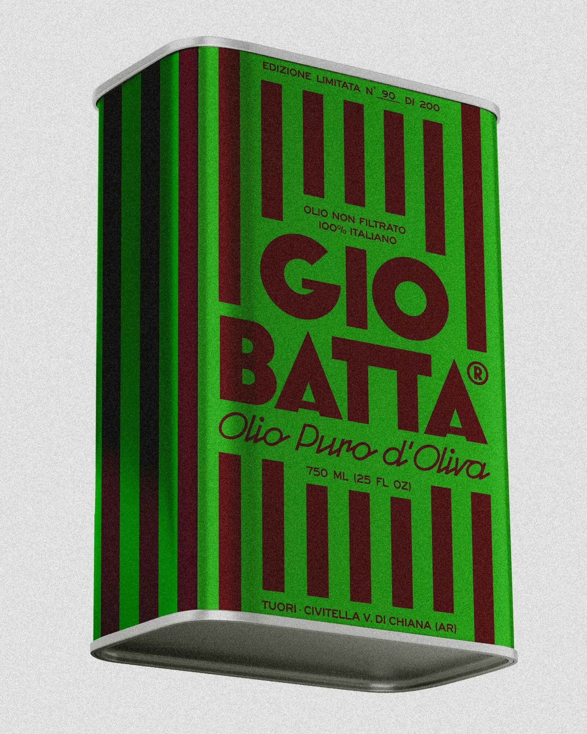 Close-up of a green and red striped olive oil can with Italian text on a neutral background, showcasing product design.