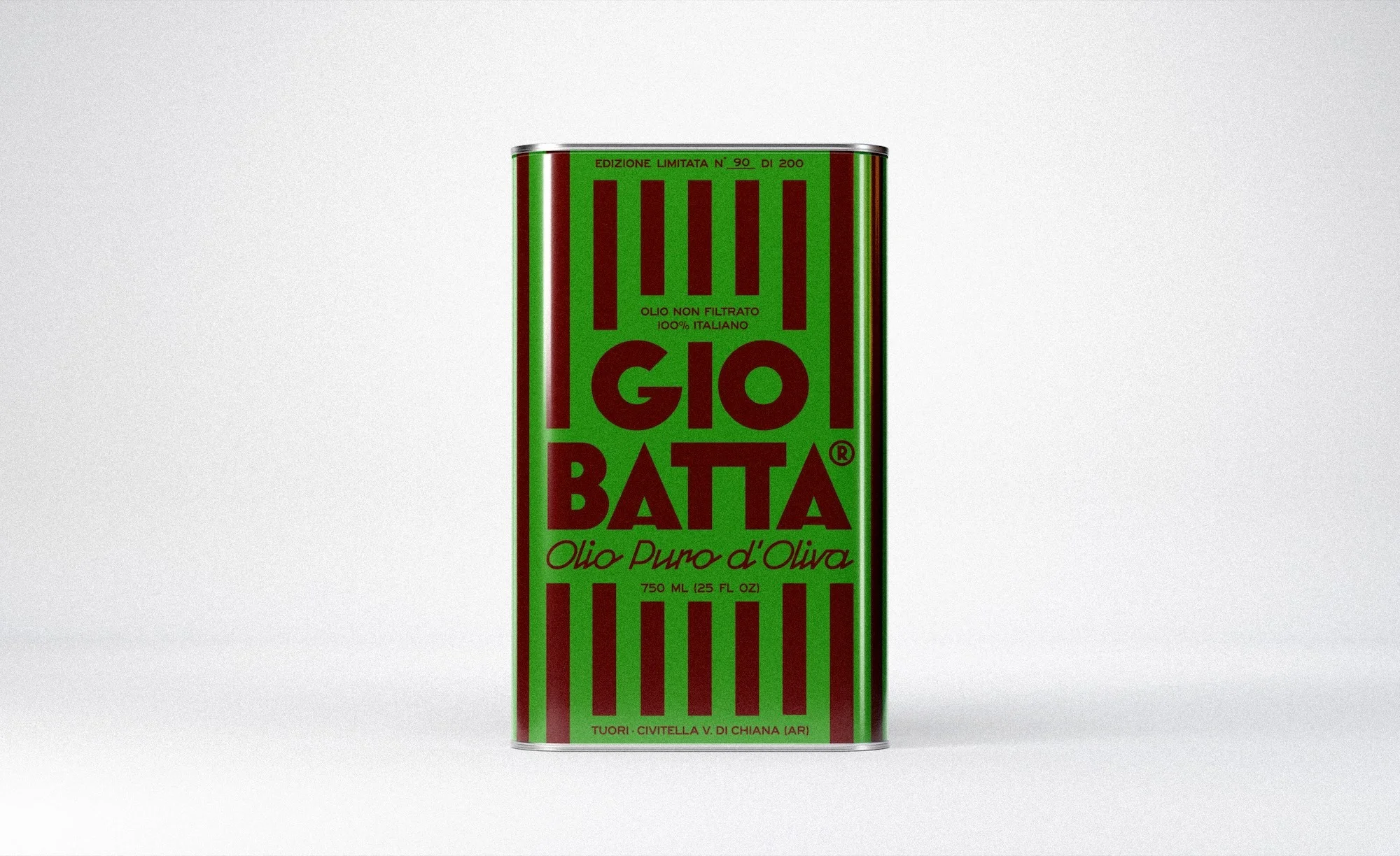 Striking product shot of GIO BATTA Olio Puro d'Oliva in a green and red striped tin can, perfect for culinary and Italian-themed designs.