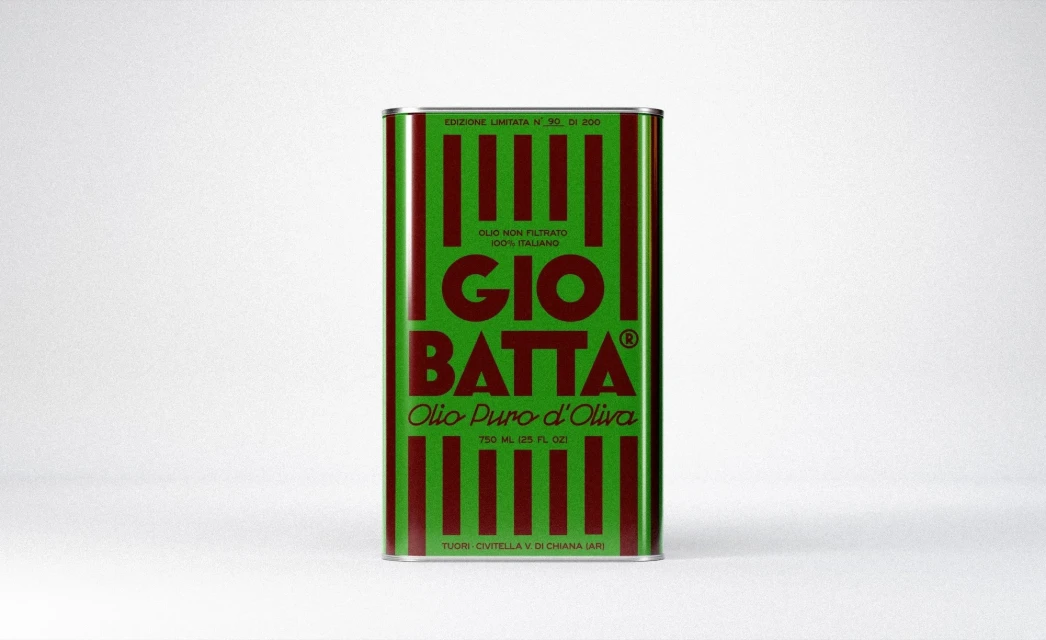 Striking product shot of GIO BATTA Olio Puro d'Oliva in a green and red striped tin can, perfect for culinary and Italian-themed designs.