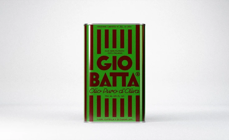 Striking product shot of GIO BATTA Olio Puro d'Oliva in a green and red striped tin can, perfect for culinary and Italian-themed designs.