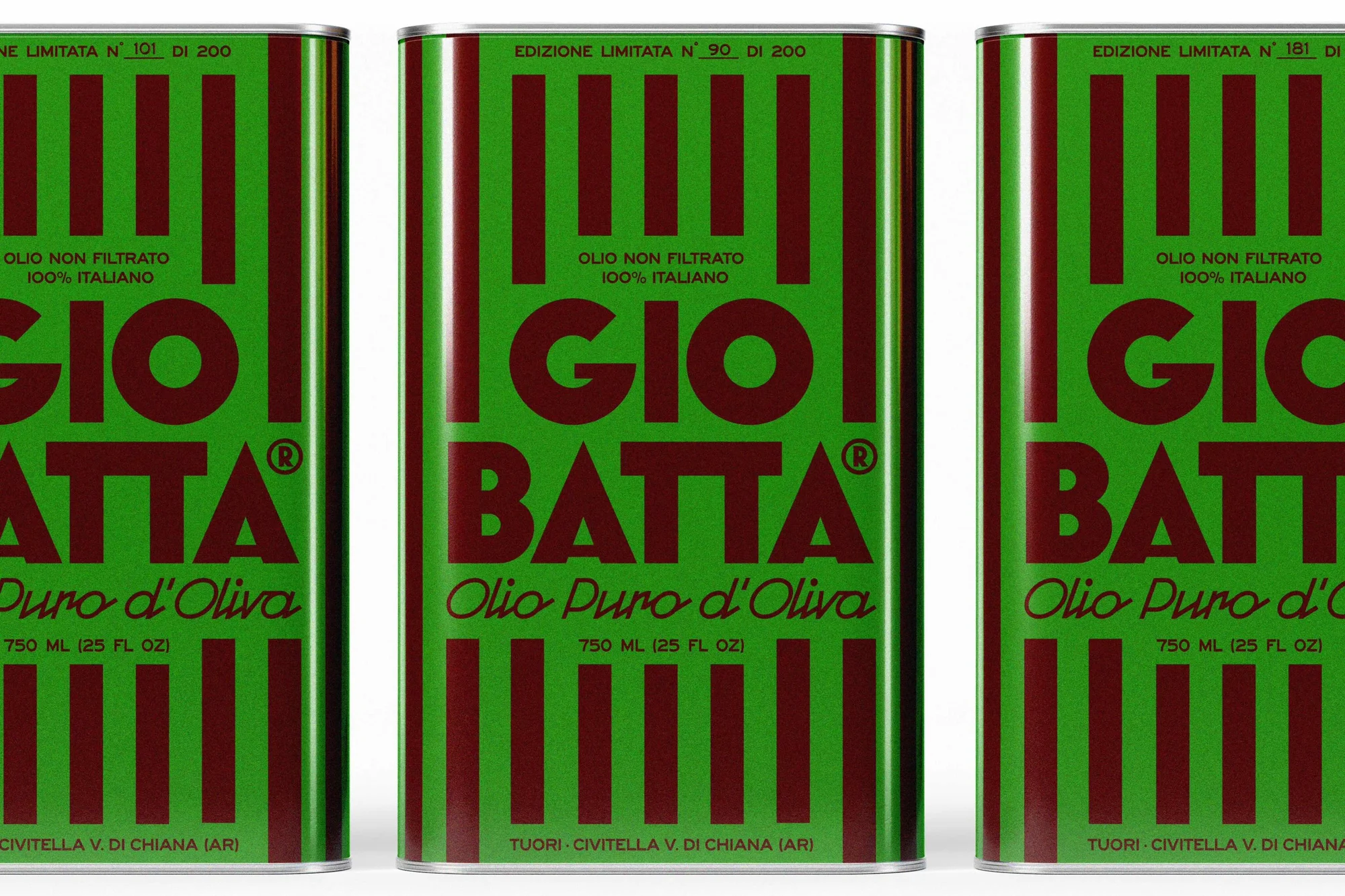 Three tins of Giobatta olive oil, with a green background and red vertical stripes, lined up in a studio product shot.