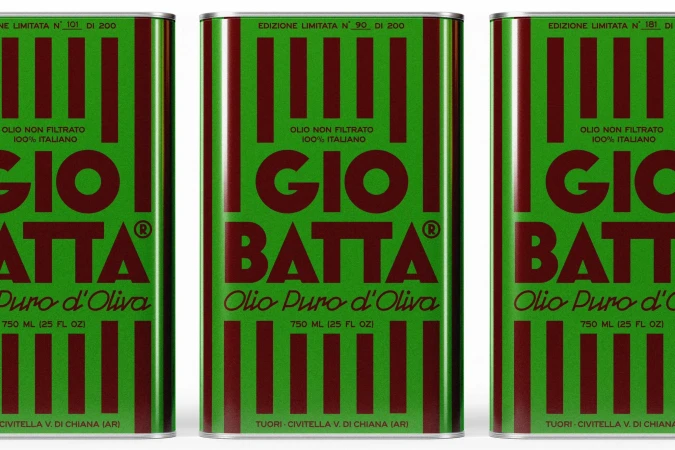 Three tins of Giobatta olive oil, with a green background and red vertical stripes, lined up in a studio product shot.