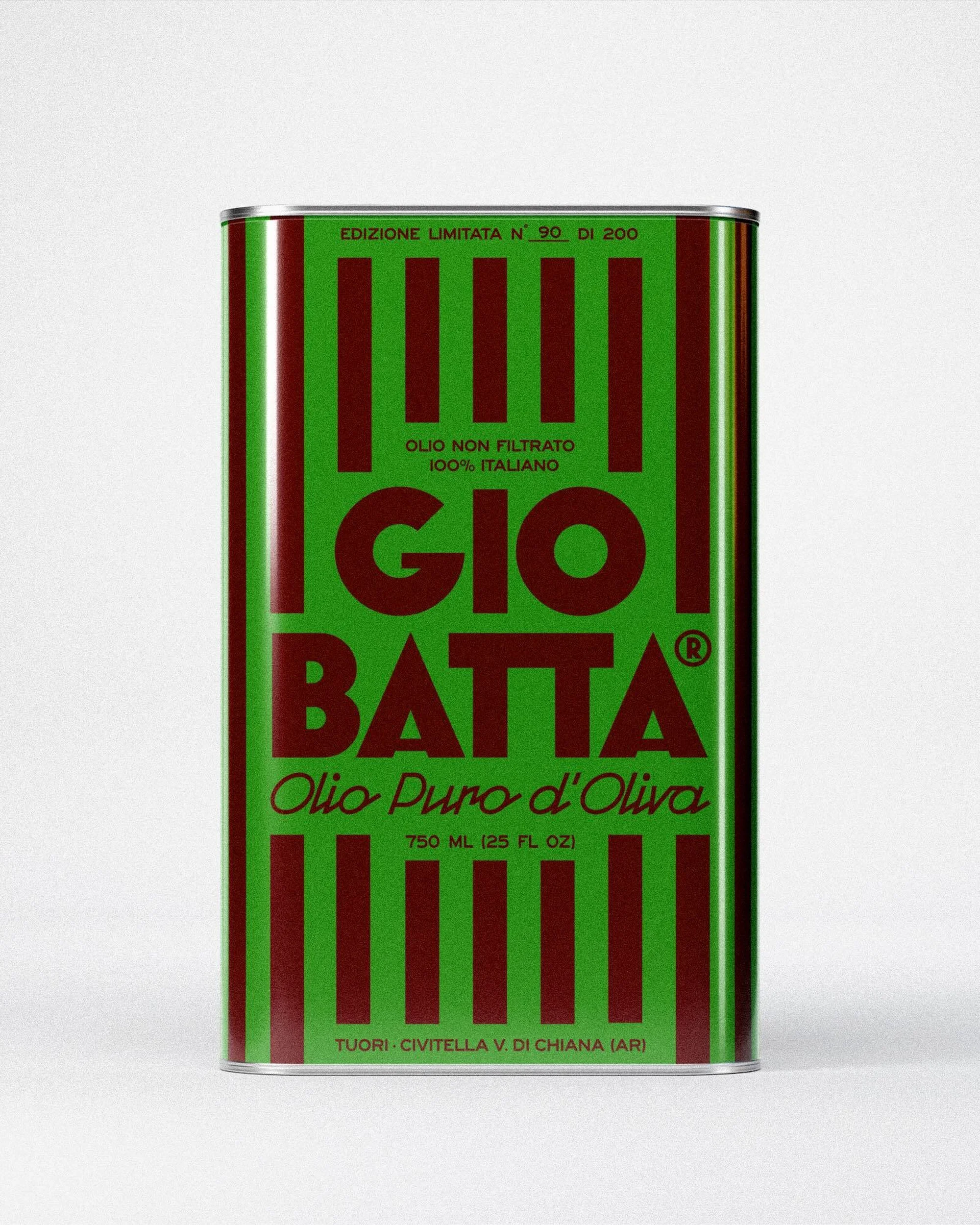 Olive oil tin can with green background and burgundy stripes, featuring Italian text and branding, promoting a limited-edition olive oil.
