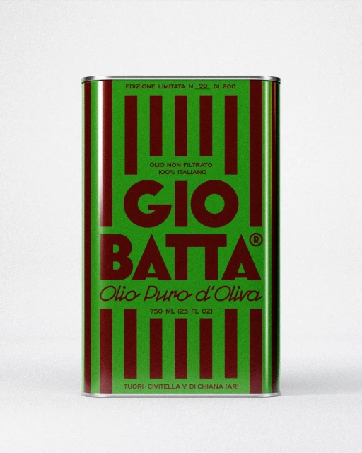 Olive oil tin can with green background and burgundy stripes, featuring Italian text and branding, promoting a limited-edition olive oil.