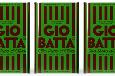 Three identical green and brown branded olive oil tins arranged in a row against a plain white background.