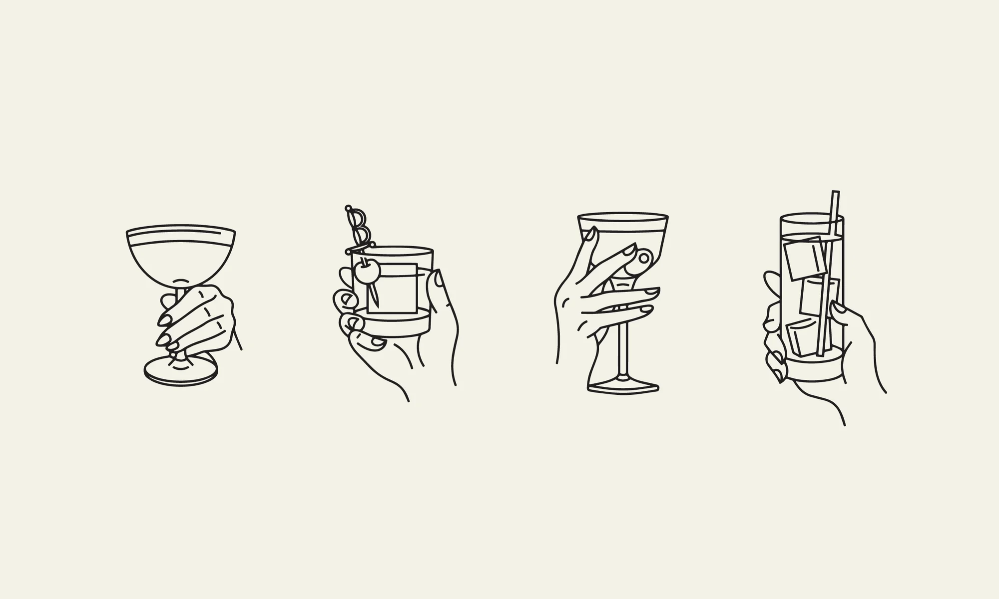 Line art illustration featuring hands holding various cocktail glasses with different drinks, showcasing elegant and minimalist design.
