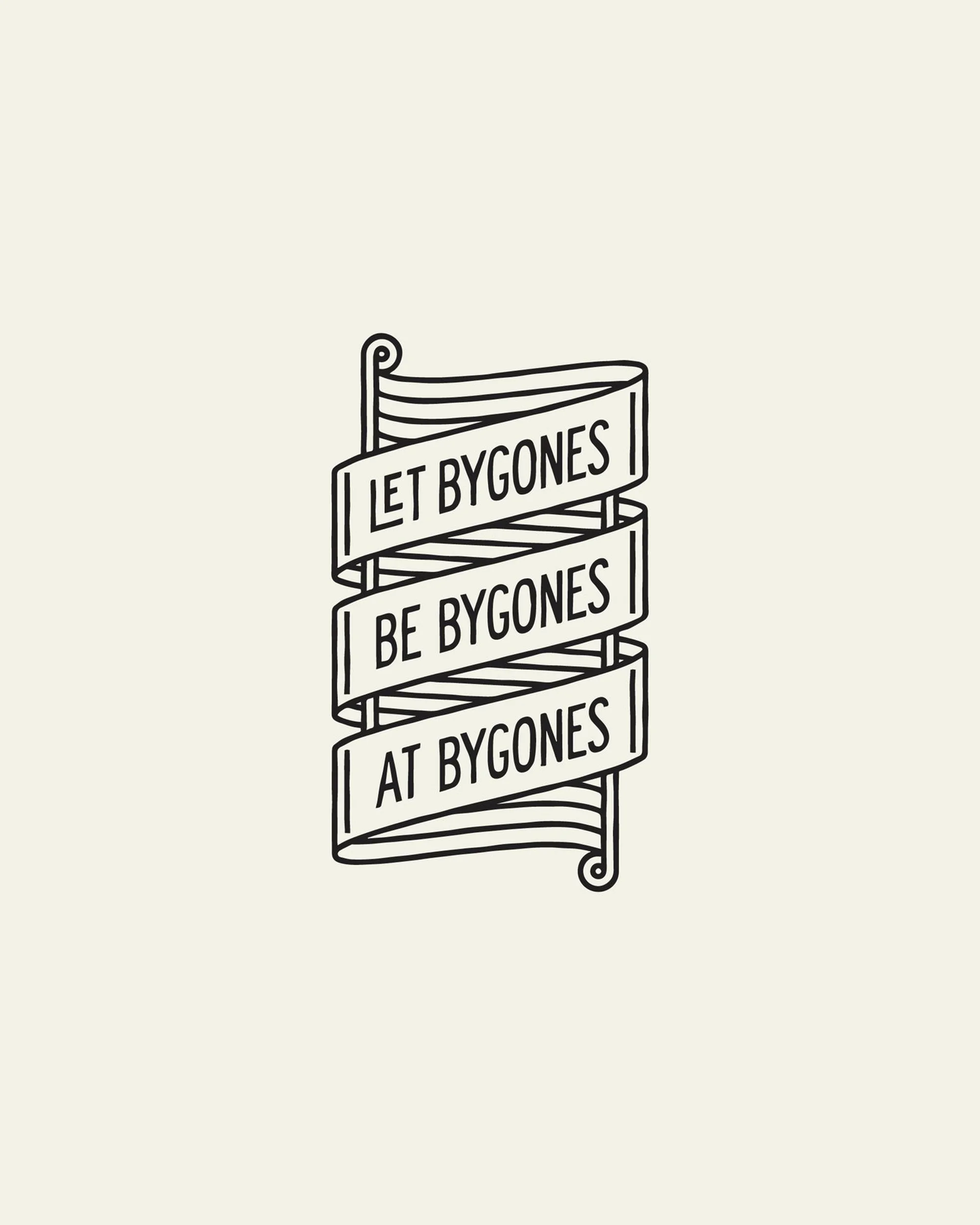 Graphic banner with stylized text "Let Bygones Be Bygones At Bygones" in black outline against a cream-colored background.