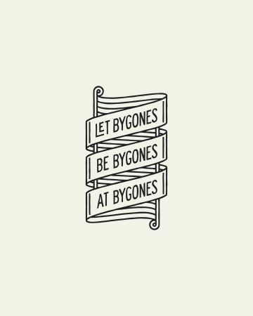 Graphic banner with stylized text "Let Bygones Be Bygones At Bygones" in black outline against a cream-colored background.