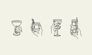 Four minimalist line illustrations of hands holding different cocktail glasses against a cream background.