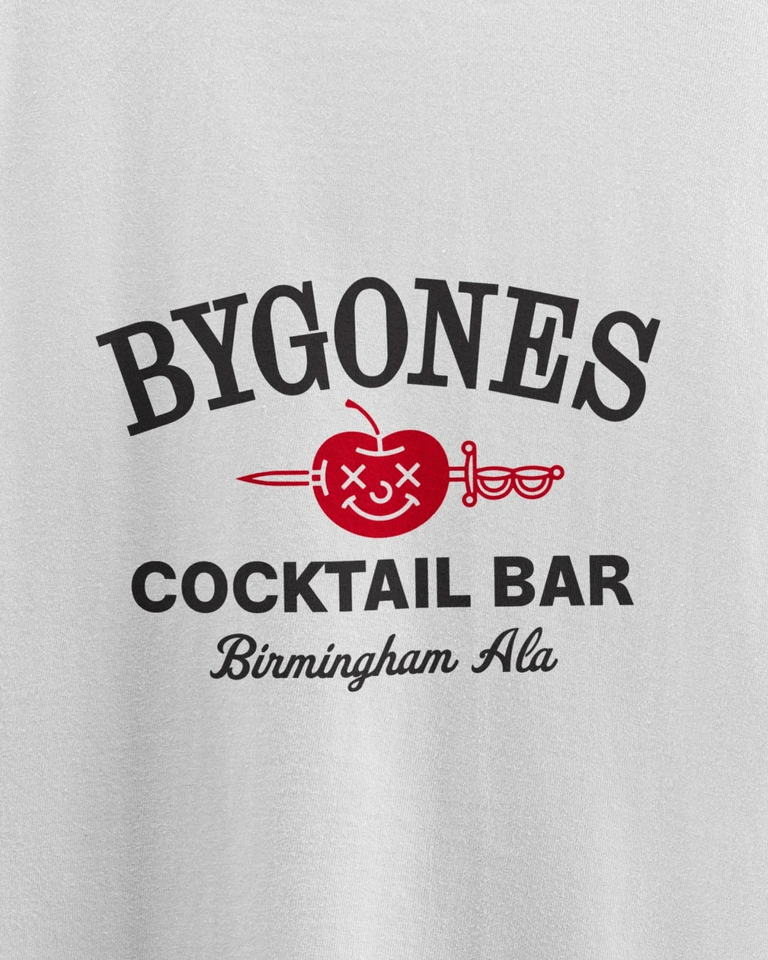 Graphic logo for Bygones Cocktail Bar featuring curved typography, a red pierced apple icon, and light fabric texture background.